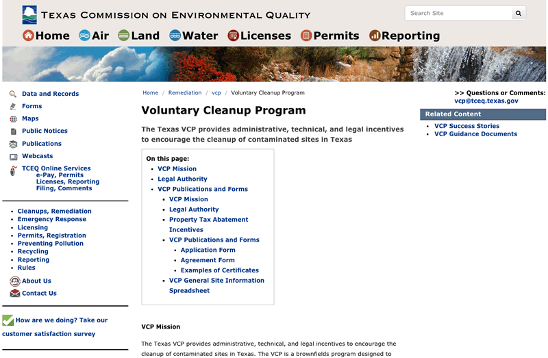 Resource of VCP program on the TCEQ website